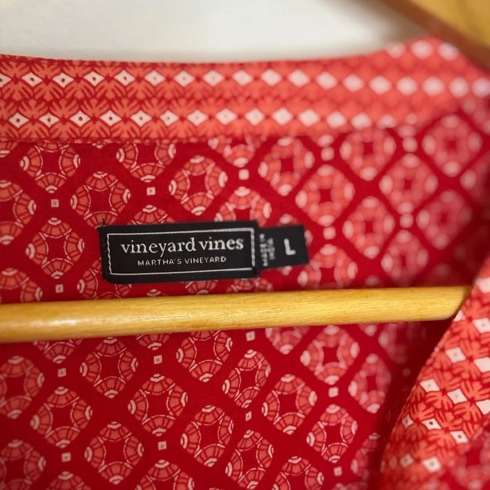 Vineyard Vines Red Tile Patterned Ruffle Blouse - Picture 2 of 6